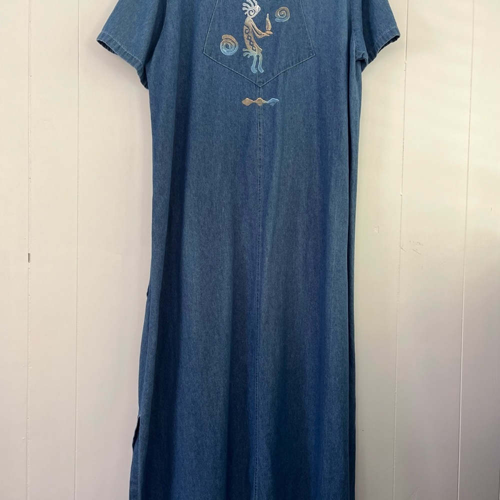 Cactus California Vintage Denim Dress Hand- Painted Kokopelli & Cactus Sz Large - Picture 7 of 16